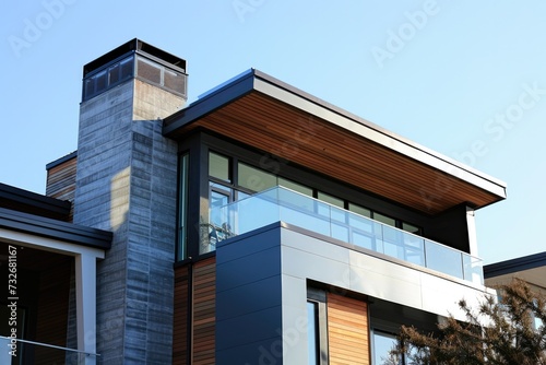 American Architectural Style: Modern House Facade with Chimney, Balcony and Blue Sky