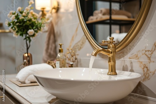 Golden Faucet Elegance  A Close-Up of Stylish Bathroom Decor and Sophisticated Sink Design