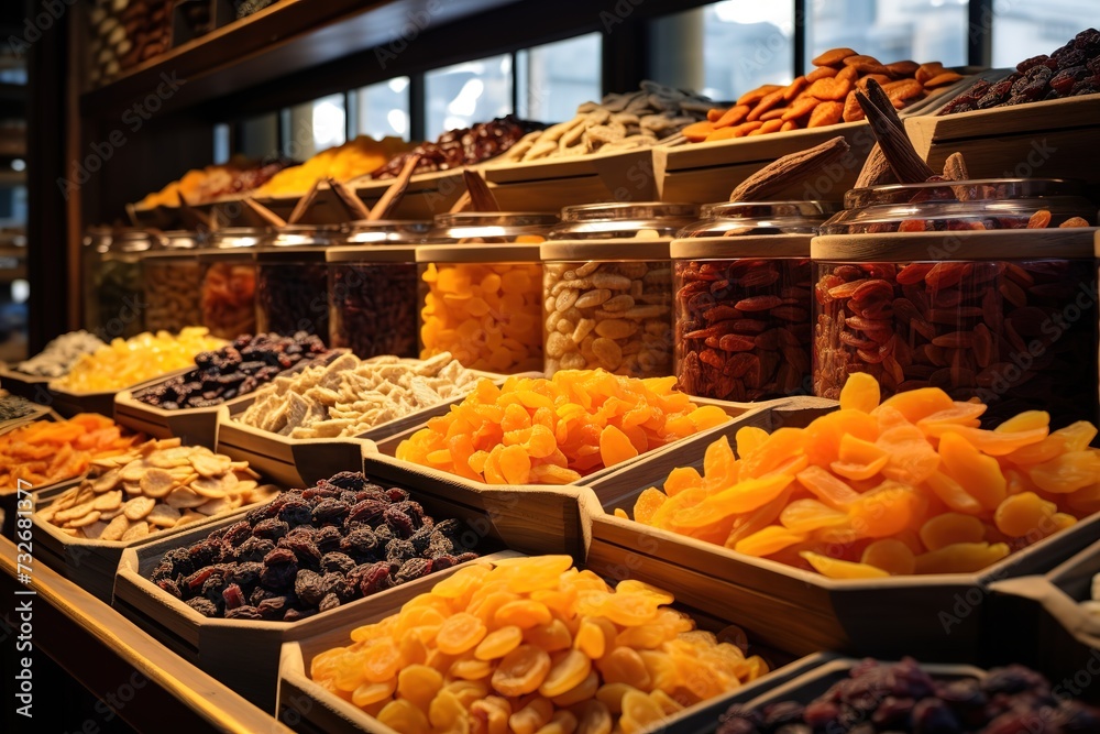 colorful display of dried fruit in a grocery store, many dried fruits on display in a colorful display, a store window with many items filled with dried fruits 