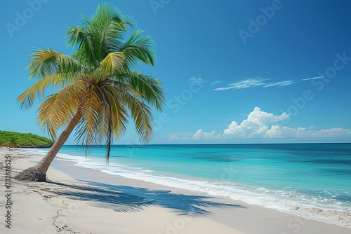   Beautiful tropical Caribbean beach  a bright turquoise blue sea  sun  a palm tree and long copy space. Summer vacation concept