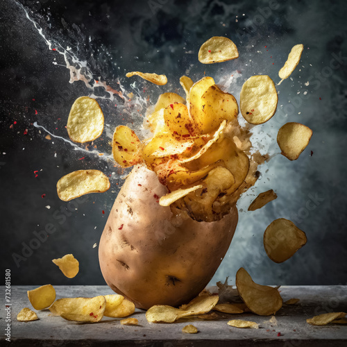 Potato chips exploding from a russet potato photo