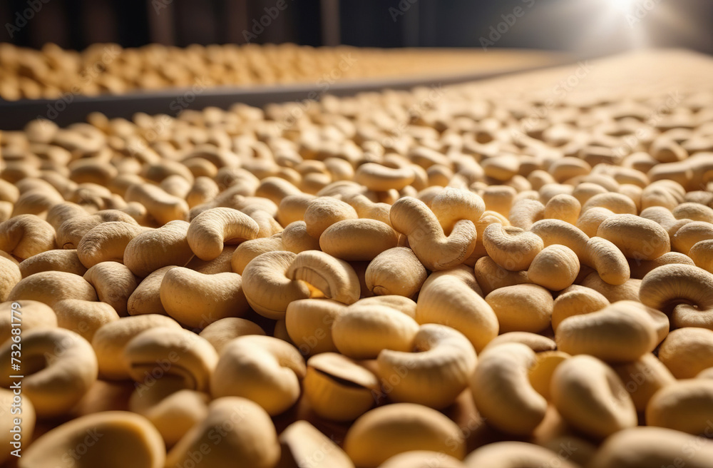 Obraz premium Conveyor belt cashews nuts isolated close up