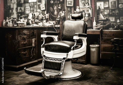 A very old barber shop with an old armchair. AI generated. © Starpics