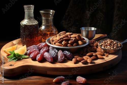  Ramadan foods, nuts, dates, and oils sit on a wooden table, olive oil, dates, nuts, and water on a wooden bench, a dish with almonds, dates, and liquor on top