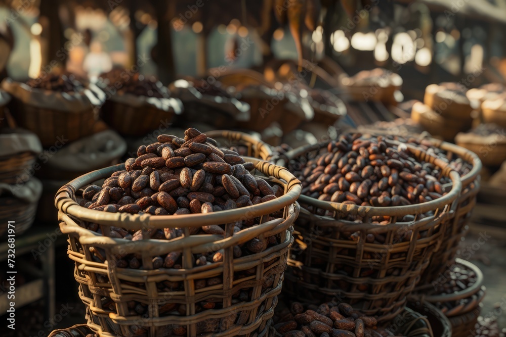Lots of cocoa beans in baskets