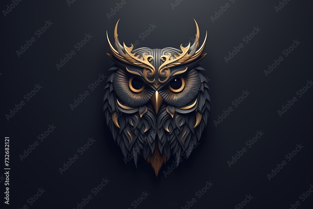 Wise owl face logo with intricate details, conveying intelligence and knowledge, showcased against a solid and timeless background for a sophisticated brand identity