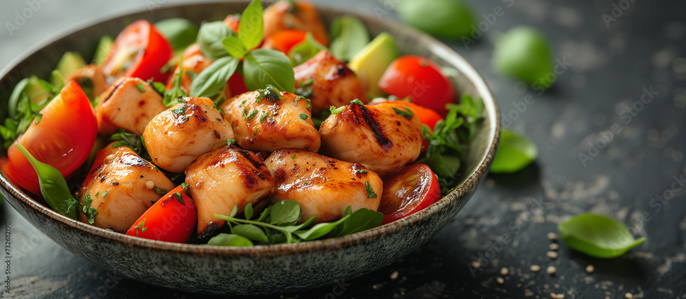 Salad bowl with chicken, tomatoes and mixed greens. Food and health, diet. Healthy meal, dinner dish. Salad bowl with chicken, tomatoes and mixed greens. Food and health, diet. Healthy meal, dinner dish.