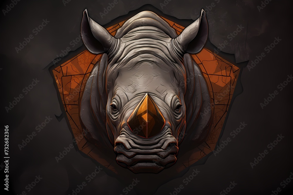 A distinctive and expressive rhinoceros face logo illustration, showcasing strength and resilience, set against a textured and earthy solid background