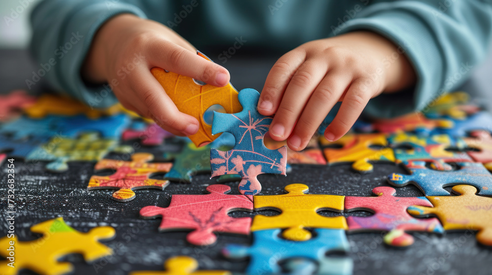 Close-up of a child's hands piecing together a colorful jigsaw puzzle. Close-up of a child's hands piecing together a colorful jigsaw puzzle.