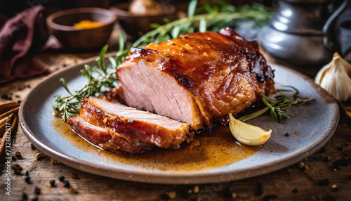 Closeup of delicious smoked pork roast on a plate on decorated rustic table