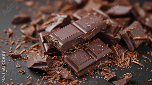 Close-up of dark chocolate pieces with shavings.
