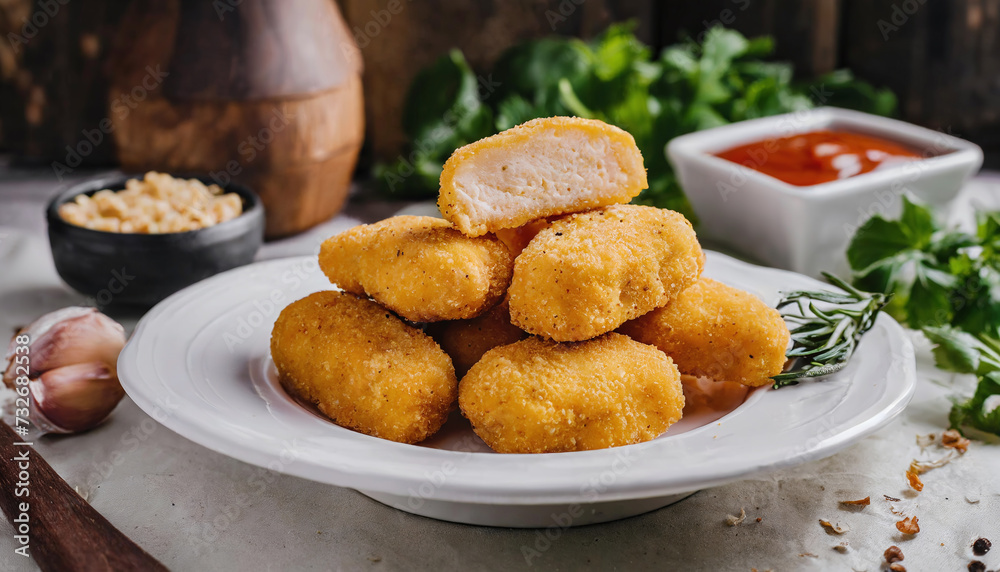 Delicious chicken nuggets on a white plate Delicious chicken nuggets on a white plate