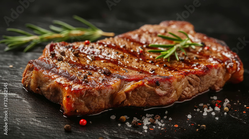 Juicy beef steak with herbs and spices.