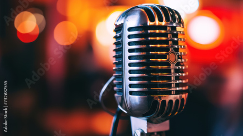 Close-Up of Vintage Microphone with Warm Bokeh Lights. Music Recording Concept