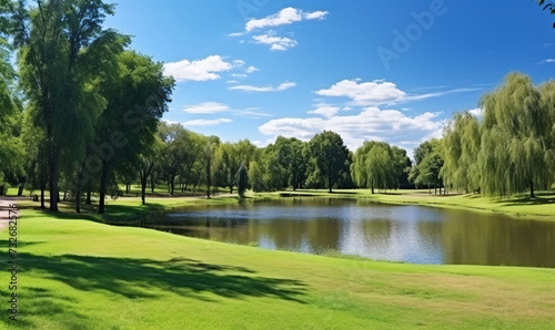 Panoramic natural spring landscape with flowing river and green meadows in rural landscape.