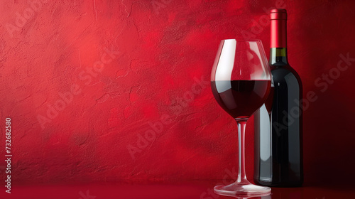 Elegant Red Wine Glass and Bottle on Textured Red Background