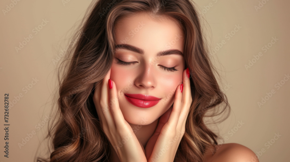 close-up portrait of a young woman with a serene expression, her eyes closed and hands gently touching her cheeks, showcasing natural beauty with freckles and a slight smile.