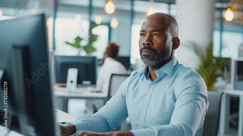 Confident individual at a workstation with multiple computer monitors in a modern office.