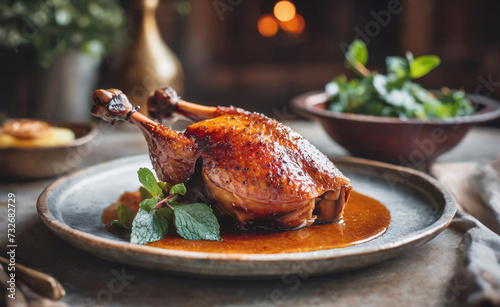 Small braised roast pigeon on a plate closeup