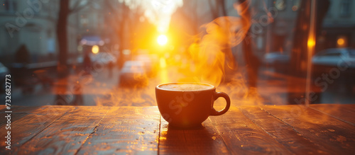 Fresh hot cup of coffee americano or cappuccino for breakfast. Morning light. Outdoor, street background. photo