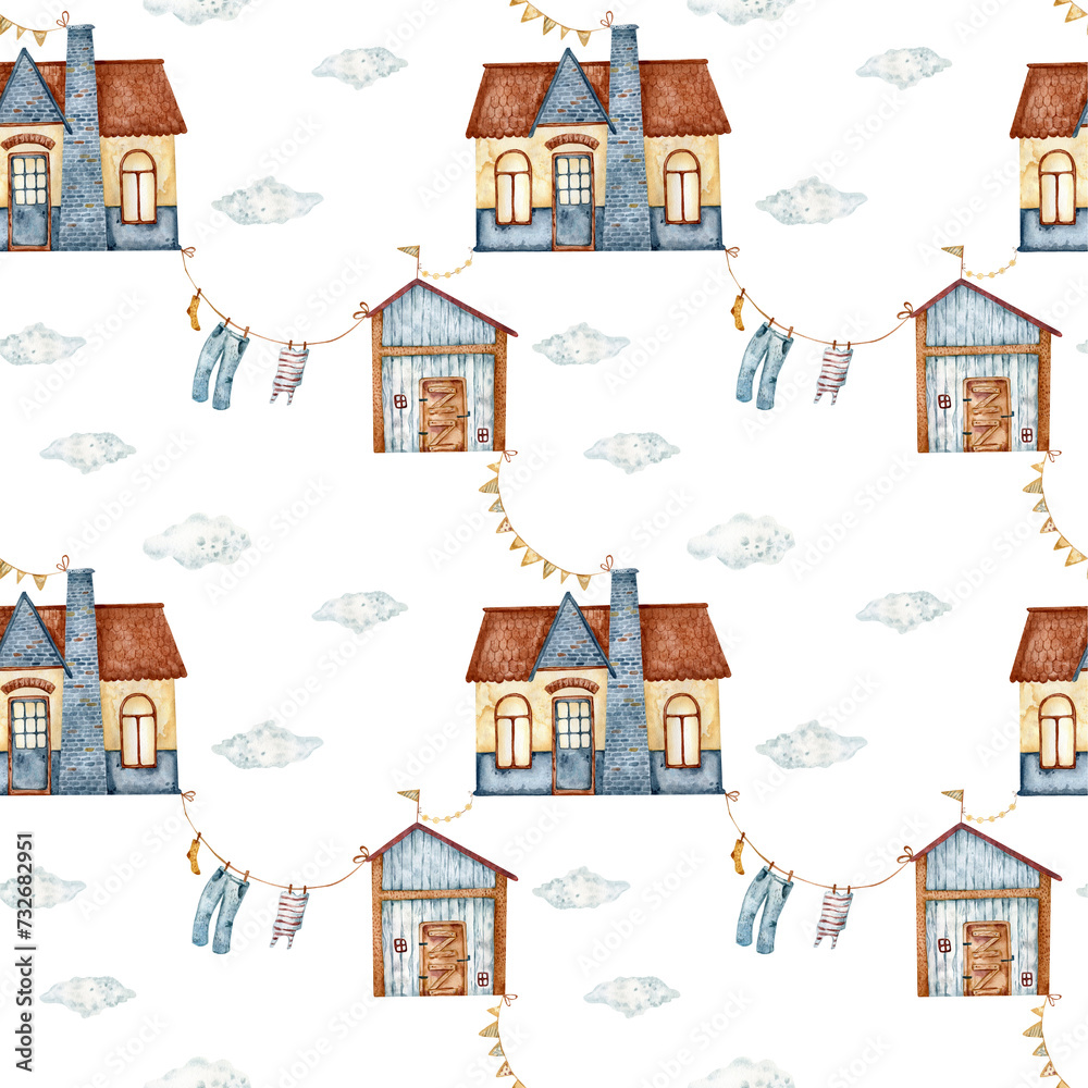 A pattern with houses is watercolor hand drawn illustration. house, cottage, country house, townhouse, tractor