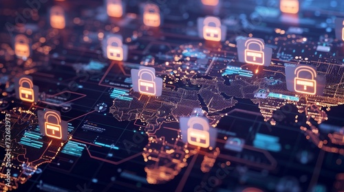 Conceptual image of a global cybersecurity network with glowing padlocks over a digital world map, symbolizing international data security.