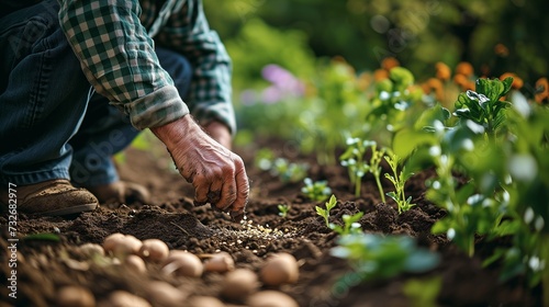 An elderly man is planting seeds in the garden. Close-up of a man s hands planting seeds in the soil. Spring work in the garden at the cottage.