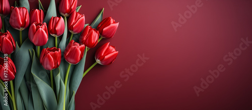 Red tulip bouquet flower background. Floral wallpaper, banner. February 14, valentine's day, love, 8 march international women's day theme.

