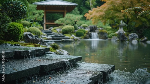 A serene pathway through a traditional Japanese garden  with lush greenery and a peaceful water feature  epitomizing tranquility and harmony with nature.