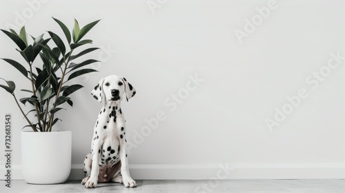 Dalmatian puppy sits on the floor in a white interior next to a flower in a pot