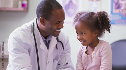 male doctor in a white coat with a stethoscope around his neck smiling and holding a young girl's hand