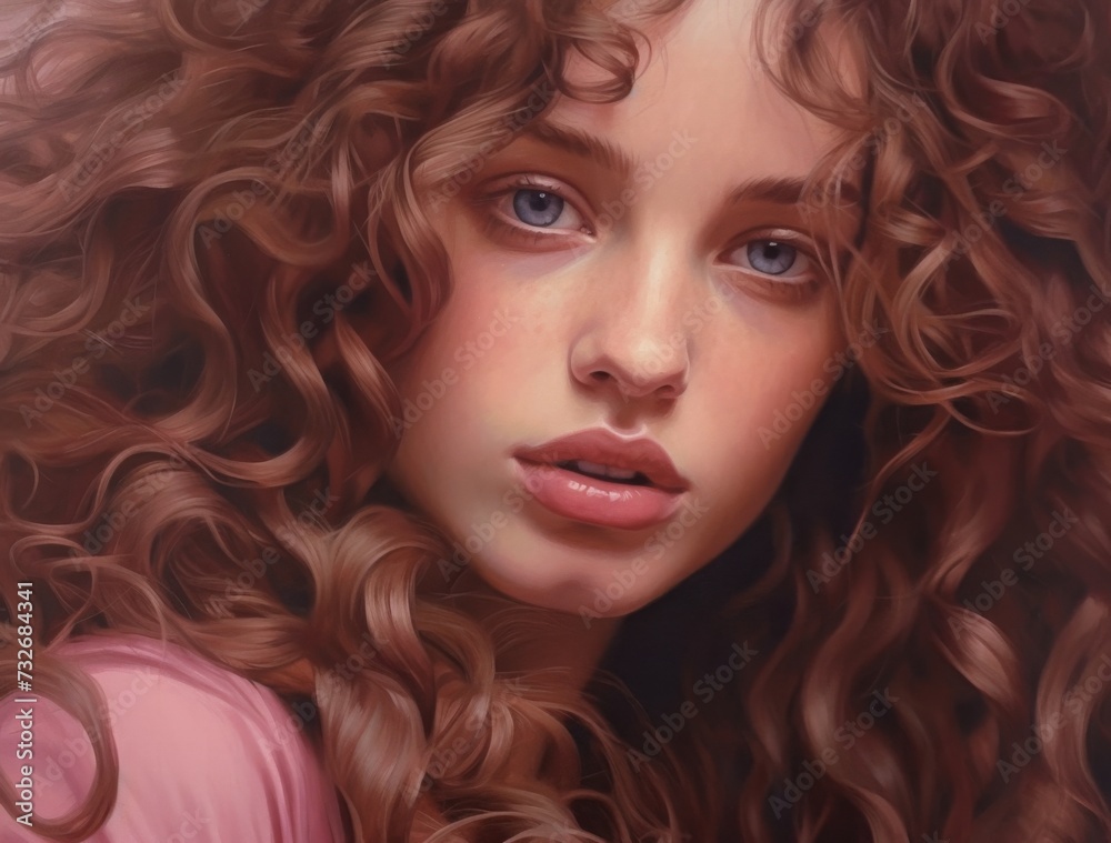 Naklejka premium A girl with brown hair and long curly hair