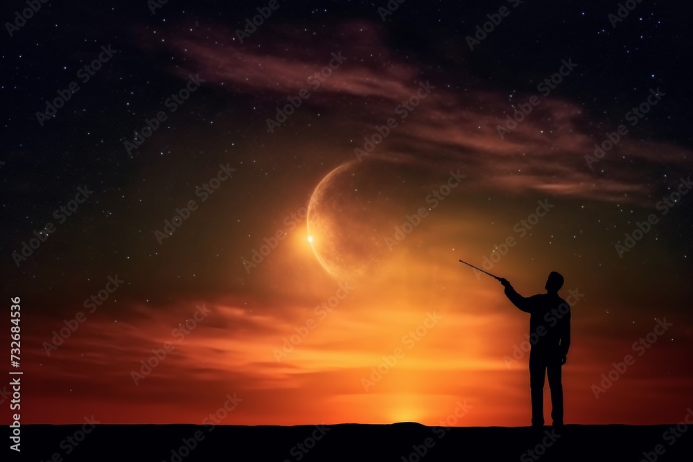 A shooter in the sky with sky and moon in foreground, in the style of sunset.