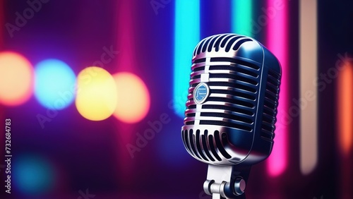 Microphone close-up, neon blue color in the background, Microphone on a blurred background of the club with a place to copy. A banner template for a karaoke club.