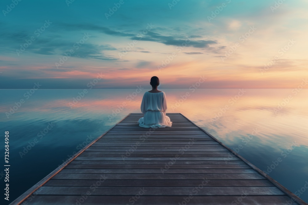 Woman sits on a dock and meditates at the lake