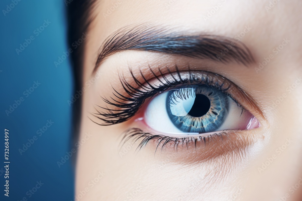 Obraz premium Close-up of a woman blue eye on blue background