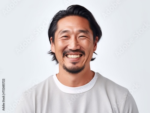 Portrait of an smiling attractive asian man in his 30s isolated against a white background 