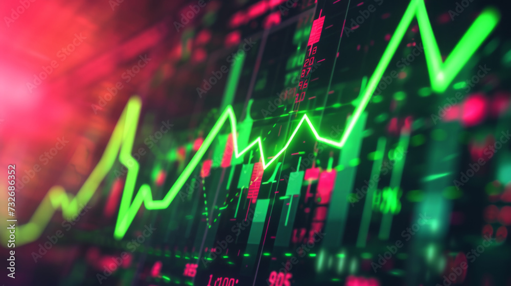 digital graphical representation of a stock market with fluctuating graphs, numerical data, and upward and downward trends, indicating financial analysis or stock trading activity. digital graphical representation of a stock market with fluctuating graphs, numerical data, and upward and downward trends, indicating financial analysis or stock trading activity.