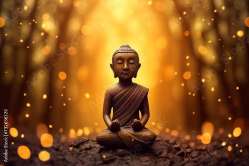 Buddha statue in the woods in the style of golden light