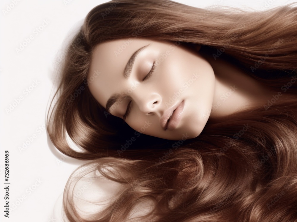 Woman with long brown hair laying on a white background Woman with long brown hair laying on a white background