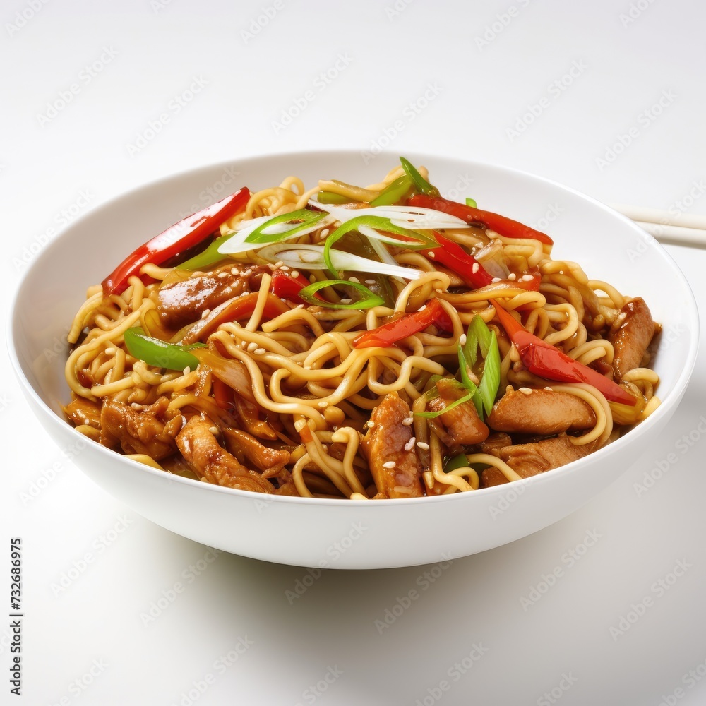 Plate of chicken chowmein isolated on white background