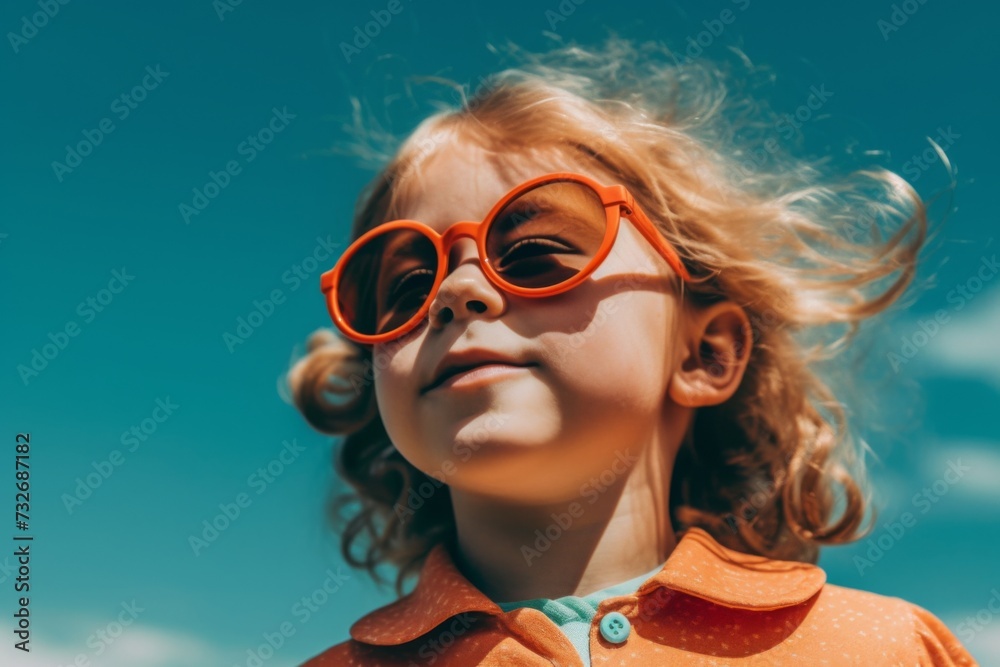 little child in sunglasses looking at sky in retro style