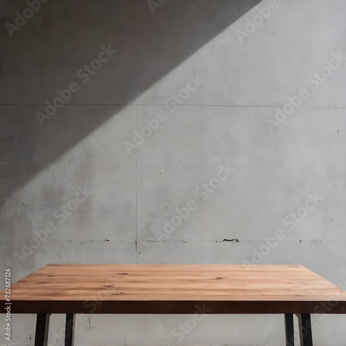 Empty copy space on a wooden tabletop against the cement loft wall with shadow and daylight indoors.