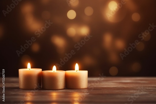 Burning candles and festive golden bokeh on dark wood