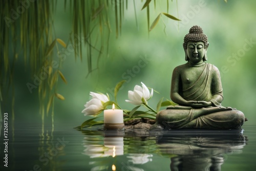 Buddha statue in water and bamboo