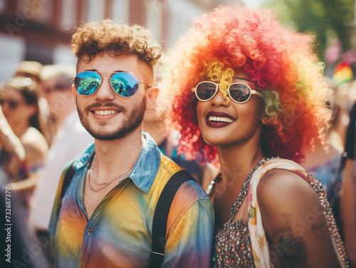 photo of couple at pride parade, stopped posing for camera, celebration of love on a sunny day