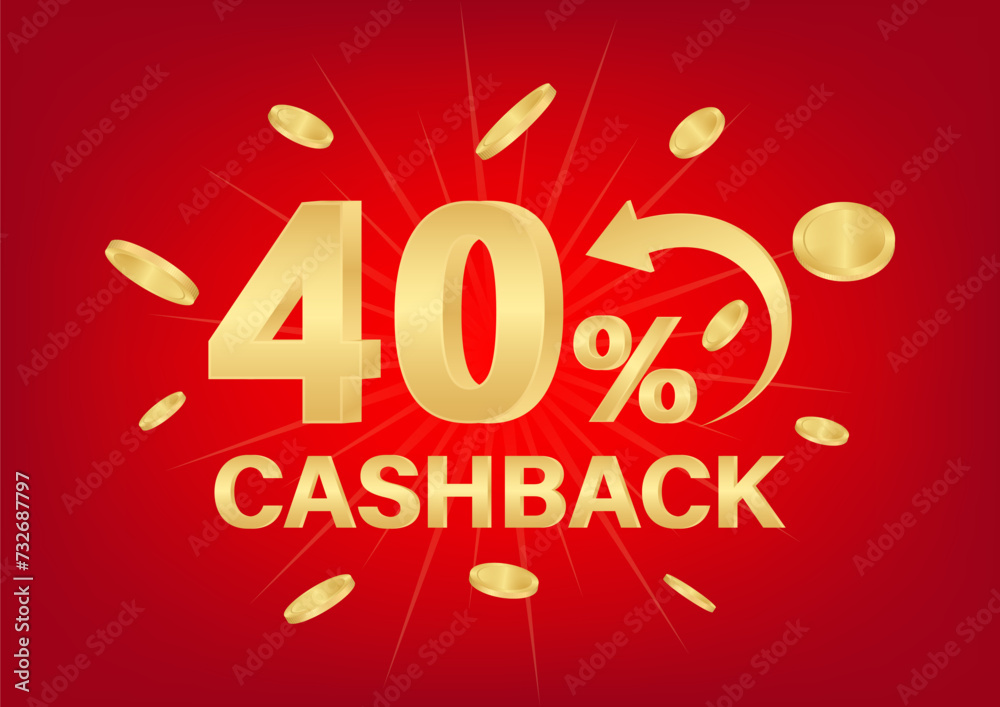 Cash Back or Money Refund. 40% Cash Back Offer for Discount. Online Shopping Concept. Vector Illustration. 