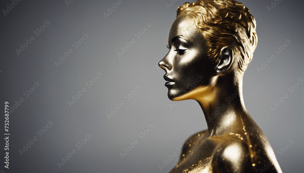 Gilded Strength: Steel Woman in a Golden Aura Against Gray Backdrop