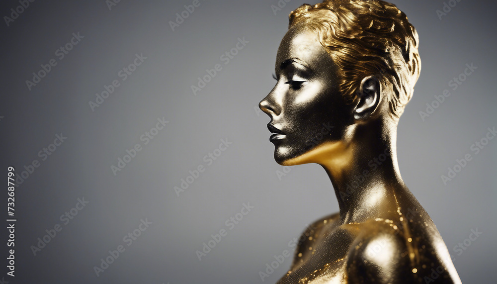 Gilded Strength: Steel Woman in a Golden Aura Against Gray Backdrop Gilded Strength: Steel Woman in a Golden Aura Against Gray Backdrop