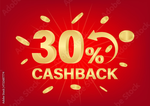 Cash Back or Money Refund. 30% Cash Back Offer for Discount. Online Shopping Concept. Vector Illustration. 